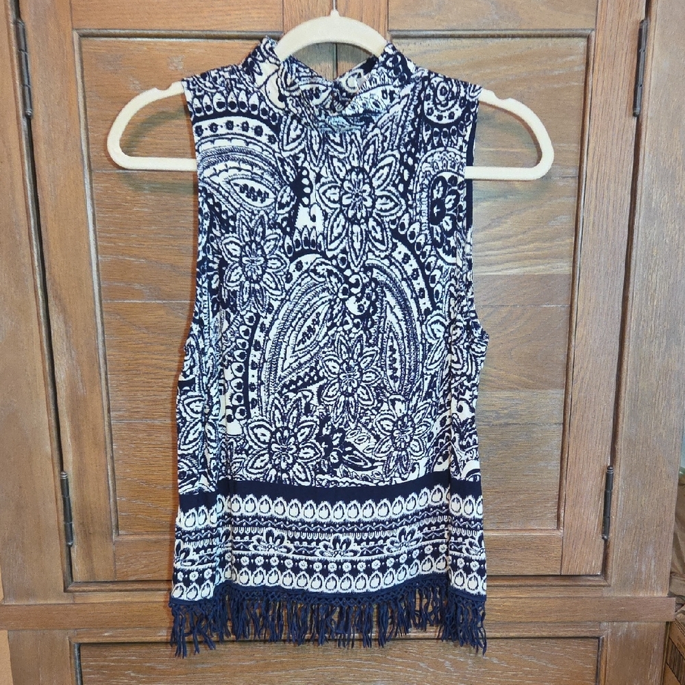 Navy and White Boho Inspired  Halter Top with Fringe Size L